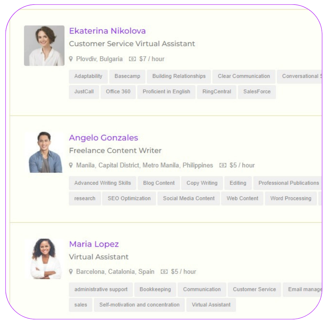 Profiles of Freelancers and Virtual Assistants.