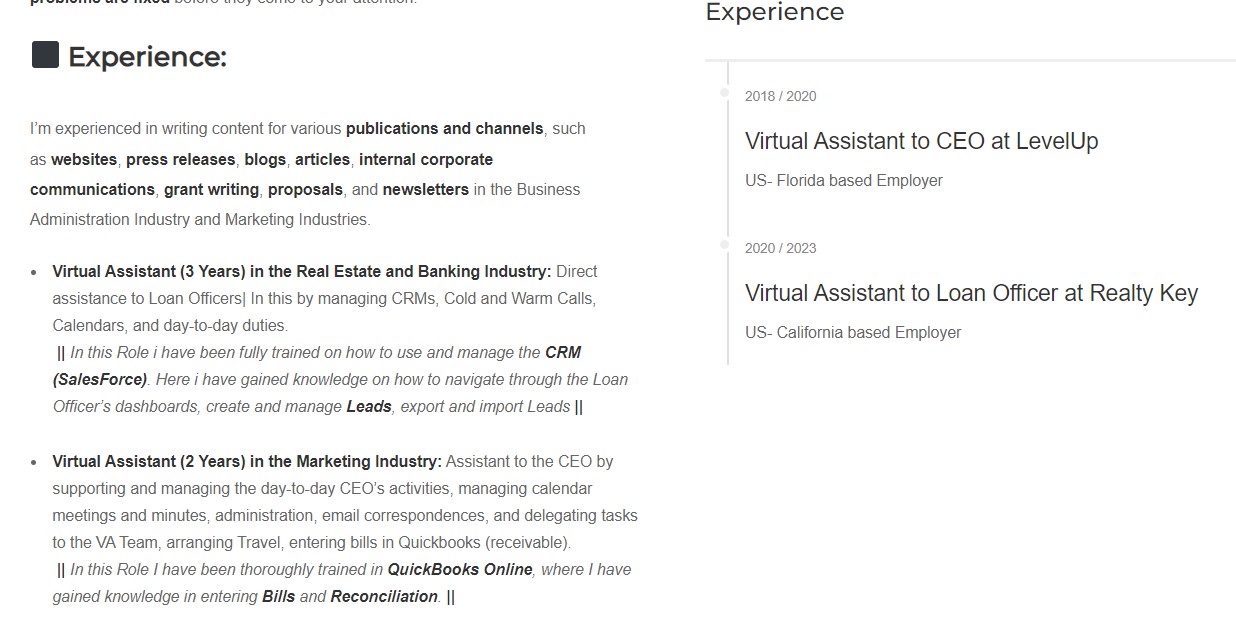 Virtual Assistant and Freelance Portfolio Profile Experience Section