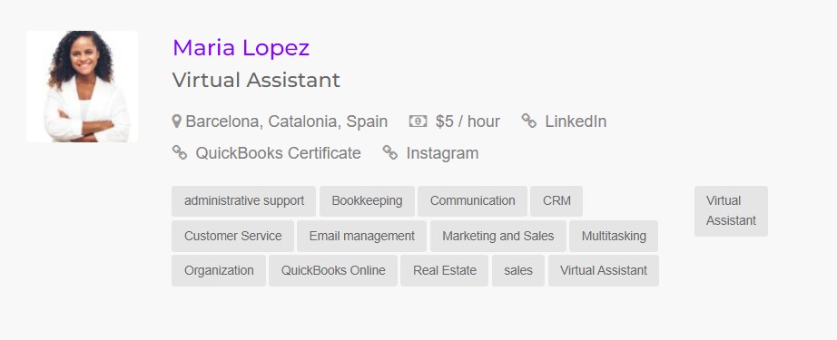 Virtual Assistant and Freelance Portfolio Profile Tags Link Photo Location Section